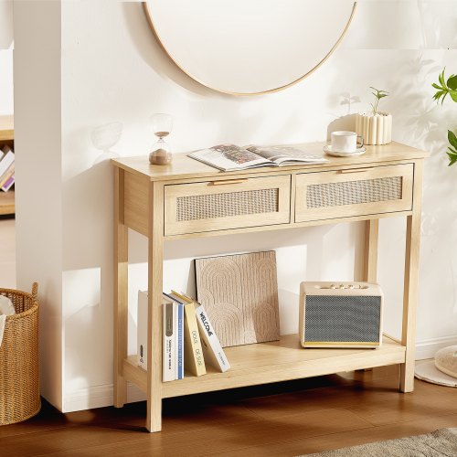 Rattan Console Table with 2 Storage Drawers, Rattan Entryway Table with Natural Rattan Sliding Door, Console Sofa Table for Living Room, Study, Entryway Or TV Wall, Natural