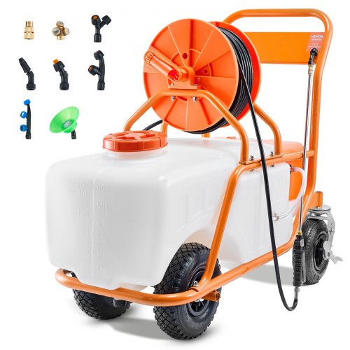 Battery Powered Lawn Sprayer on Wheel, 0-90 PSI Adjustable Pressure, 15 Gallon Tank, Cart Sprayer with 8 Nozzles and 2 Wands, 12V 12Ah Battery, Wide Mouth Lid for Weeding, Spraying