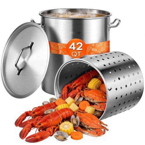 Stainless Steel Stockpot, 42 Quart Large Cooking Pots, Cookware Sauce Pot with Basket, Lid, and Handle, Heavy Duty Commercial Grade Stock Pot, Sanding Treatment, for Large Groups Events Silver