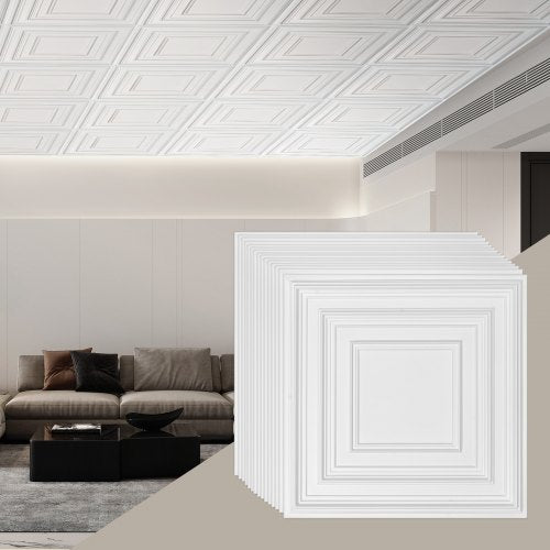 Ceiling Tiles, 12-Pack 24 x 24 in, Drop Ceiling Tiles Premium PVC Sheet, Easy Installation/ Cutting Plastic Glue-up Ceiling Tile, Ceiling Covering for Home/Office Decoration, White Peg Pattern