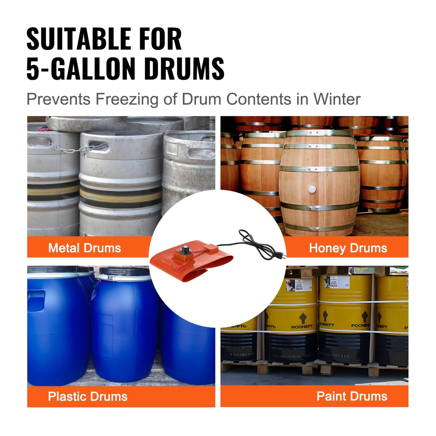 VEVOR 5 Gallon Metal Drum Heater 800 Watt 7.75 inch Width86-302¨H Adjustable