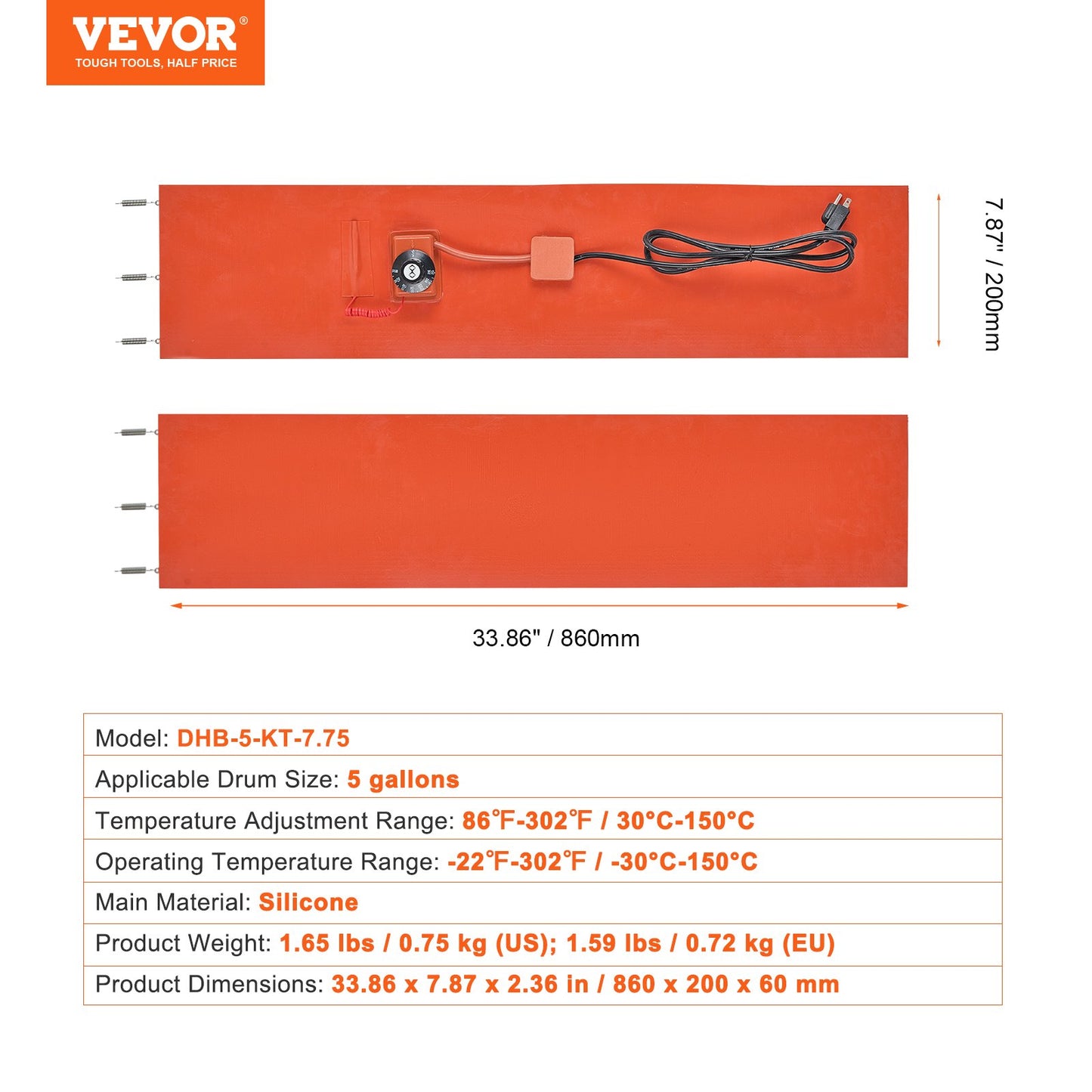 VEVOR 5 Gallon Metal Drum Heater 800 Watt 7.75 inch Width86-302¨H Adjustable