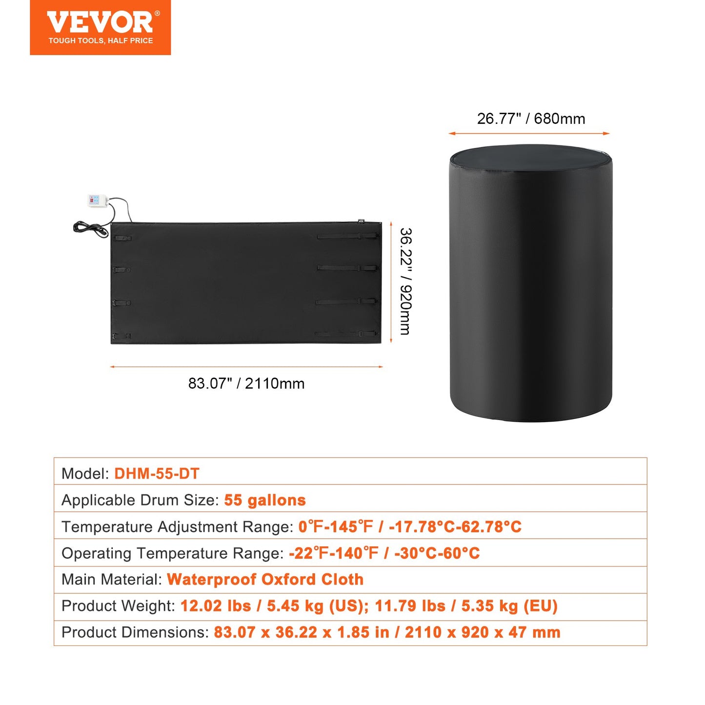 VEVOR 55 Gal Metal Drum Heater 1300W 0-145¨H Adjustable w/ Independent Thermostat