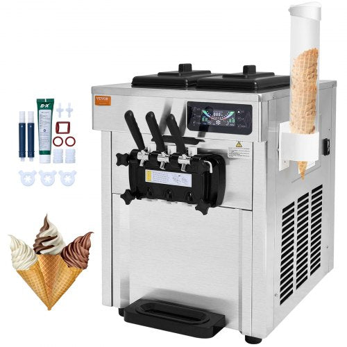 Commercial Ice Cream Machine, 18-28 L/H Yield, 1850W 3-Flavor Countertop Soft Serve Ice Cream Maker,  2 x 5.5L Stainless Steel Cylinder, LED Panel Auto Clean Pre-cooling, for Restaurant Bars