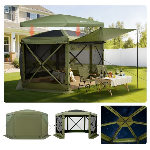 Pop up Gazebo Screen Tent, 10 x 10 ft Large 6-Sided Camping Canopy Tent with Removable Top & Carry Bag, Quick-Set & Bite-Proof, Screen House Sun Shelter for 6-8 Persons Backyard Patio, Green