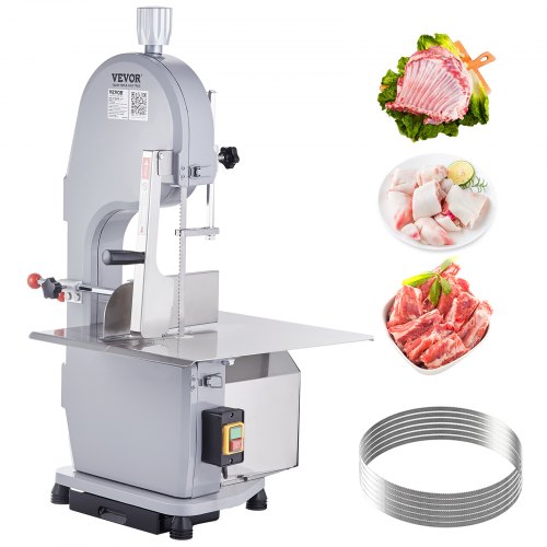 Commercial Electric Meat Bandsaw, 1100W Stainless Steel Countertop Bone Sawing Machine, Workbeach 19.3' x 15', 0.16-7.9 Inch Cutting Thickness, Frozen Meat Cutter with 6 Blades for Rib Pork Beef