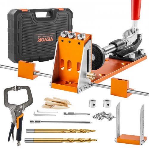 Pocket Hole Jig Kit, 34 Pcs Pocket Hole Jig System with 11' C-clamp,  Fixture, Step Drills, Wrenches, Drill Stop Rings, Square Drive Bits, Toolbox, Adjustable, for DIY Carpentry Projects