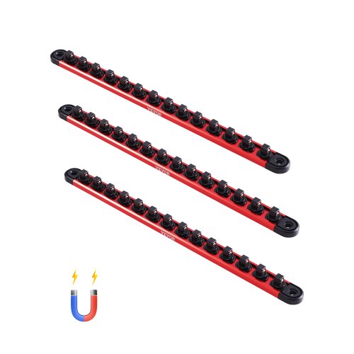 Socket Organizer Rail Set, 3PCS Metric & SAE Aluminum Socket Organizers, 1/4'', 3/8'' & 1/2'' Heavy-Duty Socket Holder with 360¡ã Rotating Clips for Tool Box, Hold up to 40 Sockets, Red & Black
