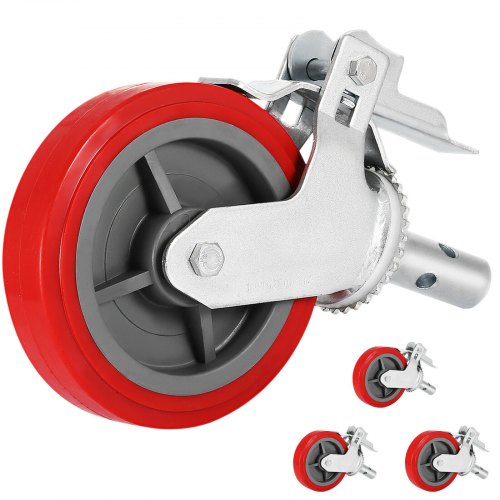 Scaffolding Wheels Set of 4, 8\' - Scaffolding Casters Heavy Duty, 3200 Lbs Per Set - Locking Stem Casters with Brake, Red Polyurethane - Replacement for Scaffold, Shelves, Workbench