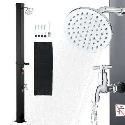 9.2 Gal Solar Heated Shower, 6.4ft Showerhead Height Outdoor Shower, with Foot Faucet & Soap Box Rack, Hot & Cold Water Adjustment, Freestanding for Backyard Poolside Beach Pool,Black