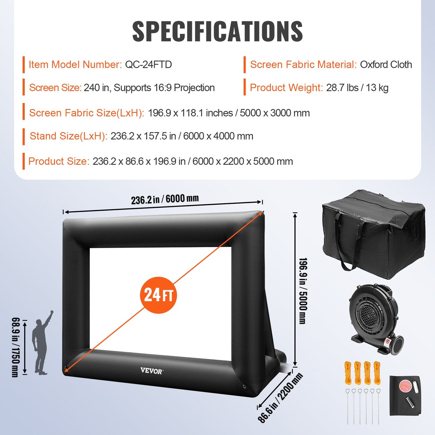 VEVOR Inflatable Movie Screen 24FT£¨288inch£© Inflatable Projector Screen for outside with 360W Air Blower Inflatable Screen Oxford Fabric Material Blow Up Screen for Outdoor Movie Supports Front/Rear Projection