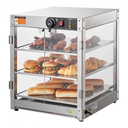 3-Tier Commercial Food Warmer Display, 800W Food Display Warmer with Light to Enhance Food Display, 86¨H~185¨H Temperature Control, 90L Large Capacity for Hamburger, Pizza, Bread, Fried Chicken