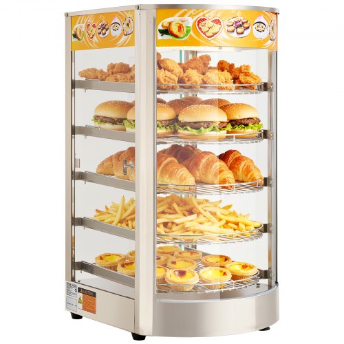 5-Tier Commercial Food Warmer Display, 800W Food Display Warmer with LED Light, Adjustable Shelf and Stainless Steel Frame, 86¨H~185¨H Air Heating, 60L for Hamburger, Pizza, Bread, Fried Chicken