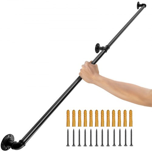Pipe Stair Handrail, 6FT Staircase Handrail, 440LBS Load Capacity Carbon Steel Pipe Handrail, Industrial Pipe Handrail with Wall Mount Support, Round Corner Wall Handrailings for Indoor, Outdoor