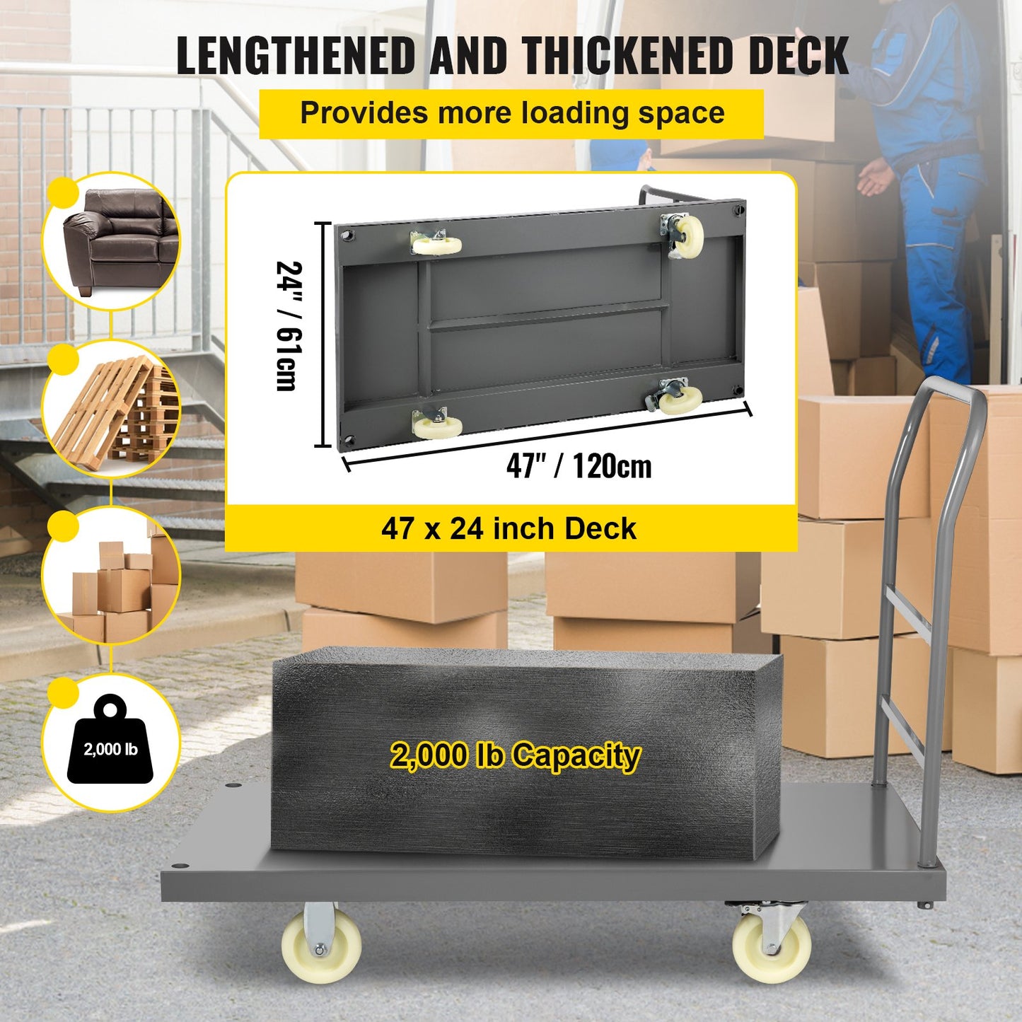 VEVOR Platform Truck 2000 lbs Capacity 47 x 24 x 32 Flatbed Cart Hand Truck