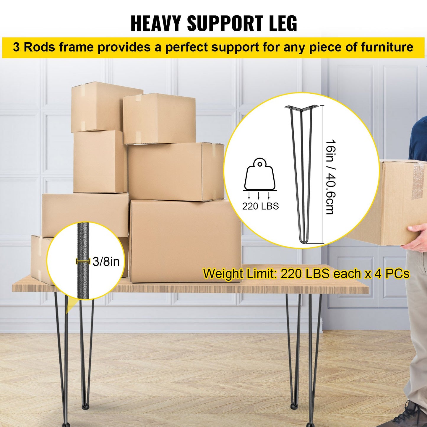 VEVOR Hairpin Table Legs 16 Black Set of 4 Desk Legs 880lbs Load Capacity (Each 220lbs) Hairpin Desk Legs 3 Rods for Bench Desk Dining End Table Chairs Carbon Steel DIY Heavy Duty Furniture Legs