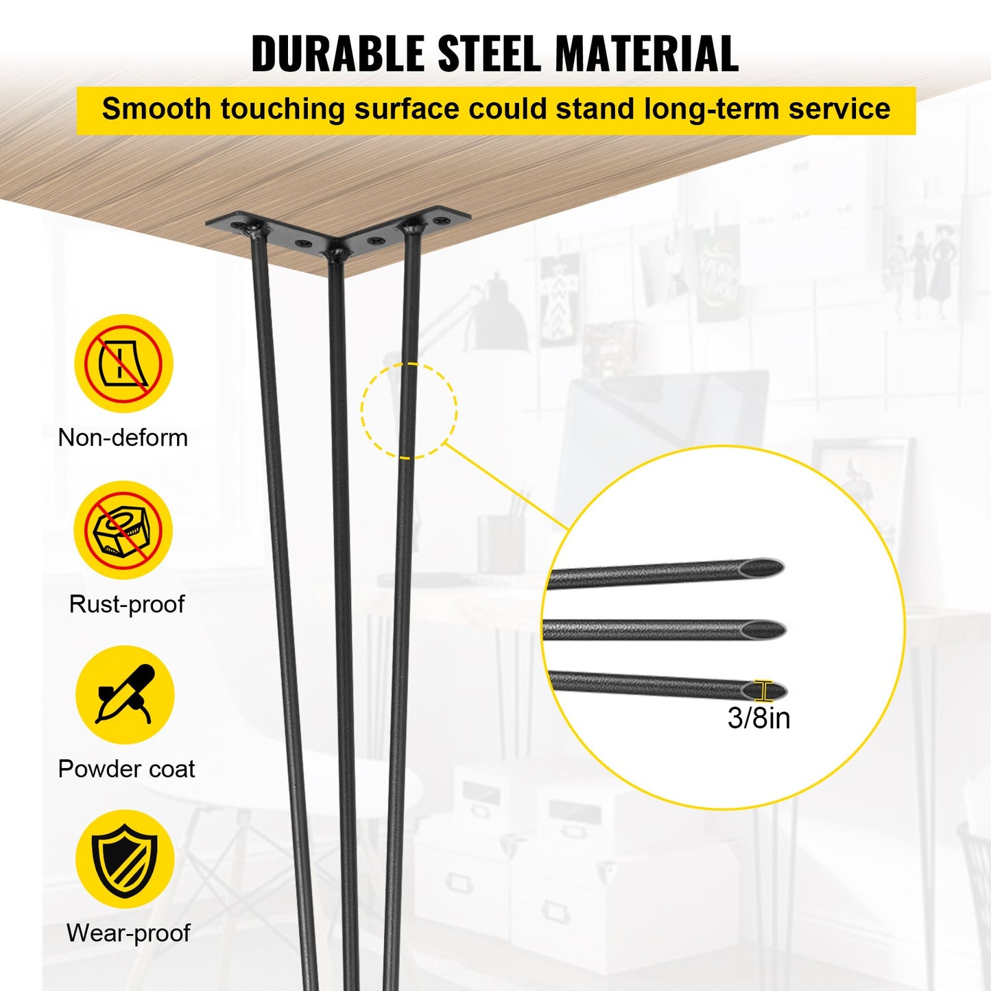 VEVOR Hairpin Table Legs 16 Black Set of 4 Desk Legs 880lbs Load Capacity (Each 220lbs) Hairpin Desk Legs 3 Rods for Bench Desk Dining End Table Chairs Carbon Steel DIY Heavy Duty Furniture Legs