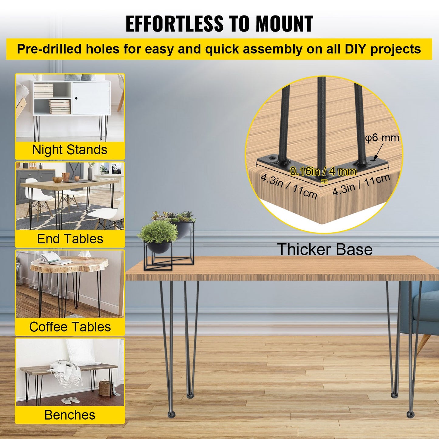 VEVOR Hairpin Table Legs 16 Black Set of 4 Desk Legs 880lbs Load Capacity (Each 220lbs) Hairpin Desk Legs 3 Rods for Bench Desk Dining End Table Chairs Carbon Steel DIY Heavy Duty Furniture Legs