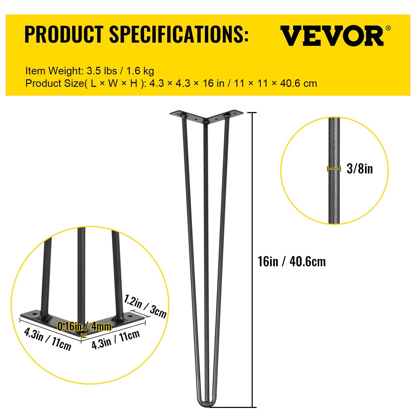 VEVOR Hairpin Table Legs 16 Black Set of 4 Desk Legs 880lbs Load Capacity (Each 220lbs) Hairpin Desk Legs 3 Rods for Bench Desk Dining End Table Chairs Carbon Steel DIY Heavy Duty Furniture Legs