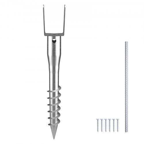 No Dig Ground Anchor, 1 Pack 3.94 x 2.76 x 27.56 in DIY Screw in Post Stake, Includes 6 Lag Bolts & a Rebar, U-Shape Heavy Duty Steel Post Holder, Great for Mailbox Posts and Fence Posts