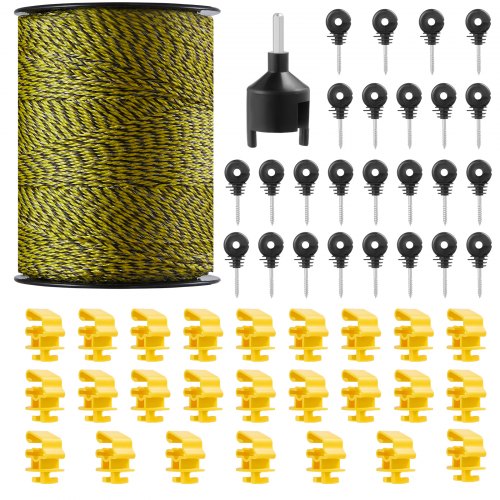 Electric Fence Wire, 1640Ft 500M Portable Polywire, 1/8' Diameter 6 Stainless Steel Strands, Fencing Rope Line with 25 Fence Insulators and 25 T-post Insulators, for Horse, Cattle, Livestock