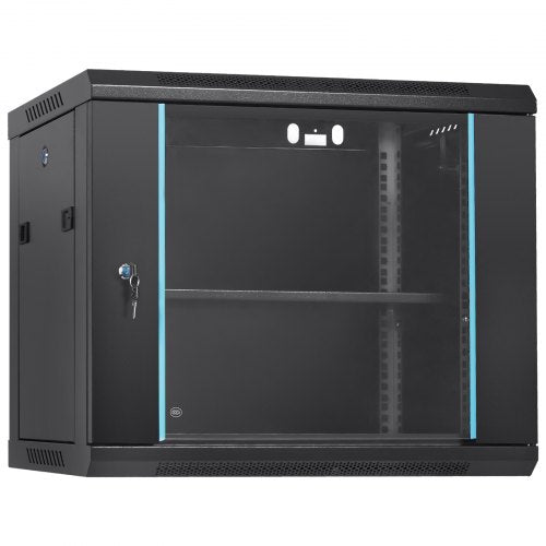 9U Wall-Mounted Server Network Cabinet, 15.5'' Depth, Secure Rack Enclosure, Supports up to 200 lbs, Features Lockable Glass Door and Side Panels, Ideal for IT and A/V Gear