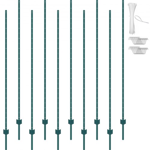 7 Feet Fence Post, 10 Pack U-Channel Heavy Duty Metal Fence Posts, Sturdy Steel Fence Stakes for Garden Yard, Lawn, Farms and Outdoor Wire Fencing, Green