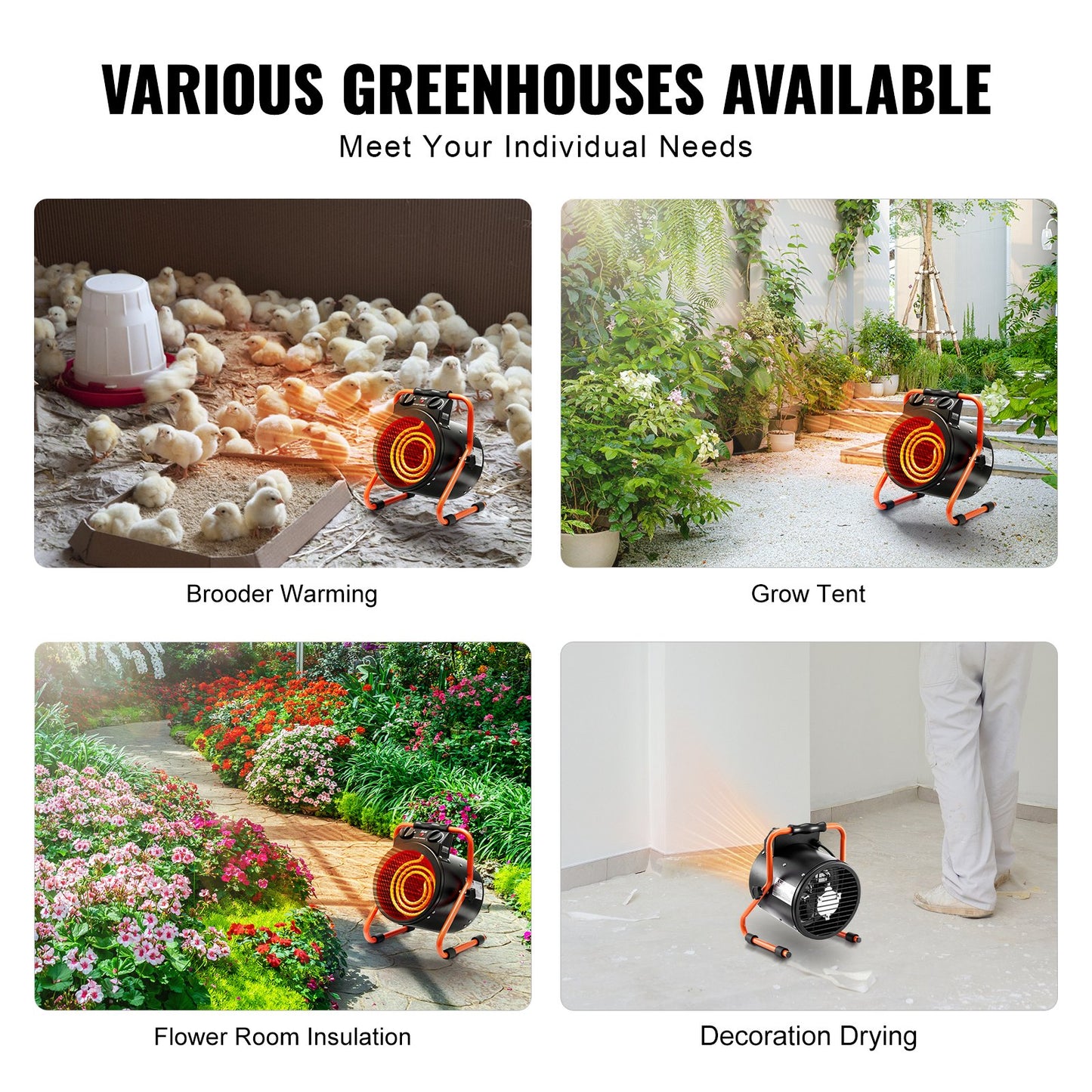 VEVOR Greenhouse Heater, 1500W Fast Heating with Overheat Protection, 2-Speed Setting Small Grow Tent Heater, Electric Portable Heater Fan for Green House, Flower Room, Workplace, IP24 Waterproof