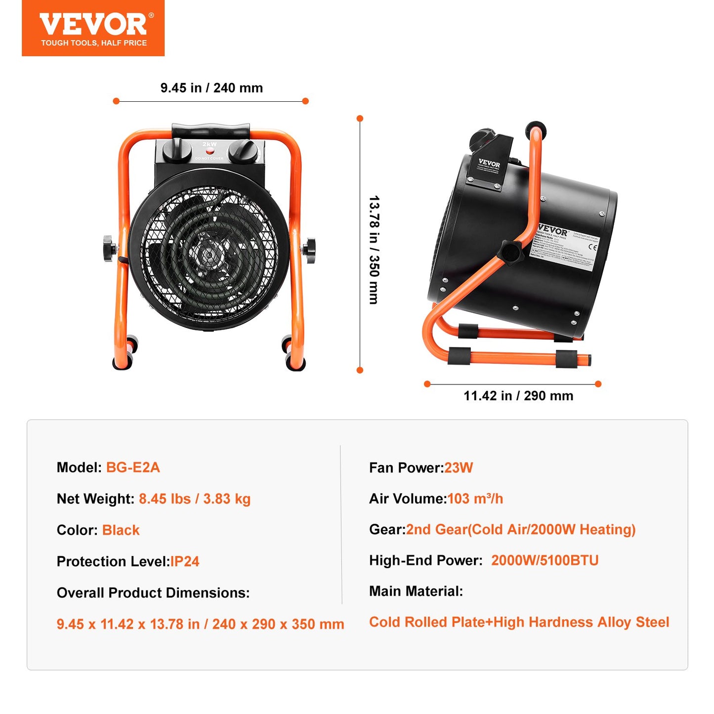 VEVOR Greenhouse Heater, 1500W Fast Heating with Overheat Protection, 2-Speed Setting Small Grow Tent Heater, Electric Portable Heater Fan for Green House, Flower Room, Workplace, IP24 Waterproof