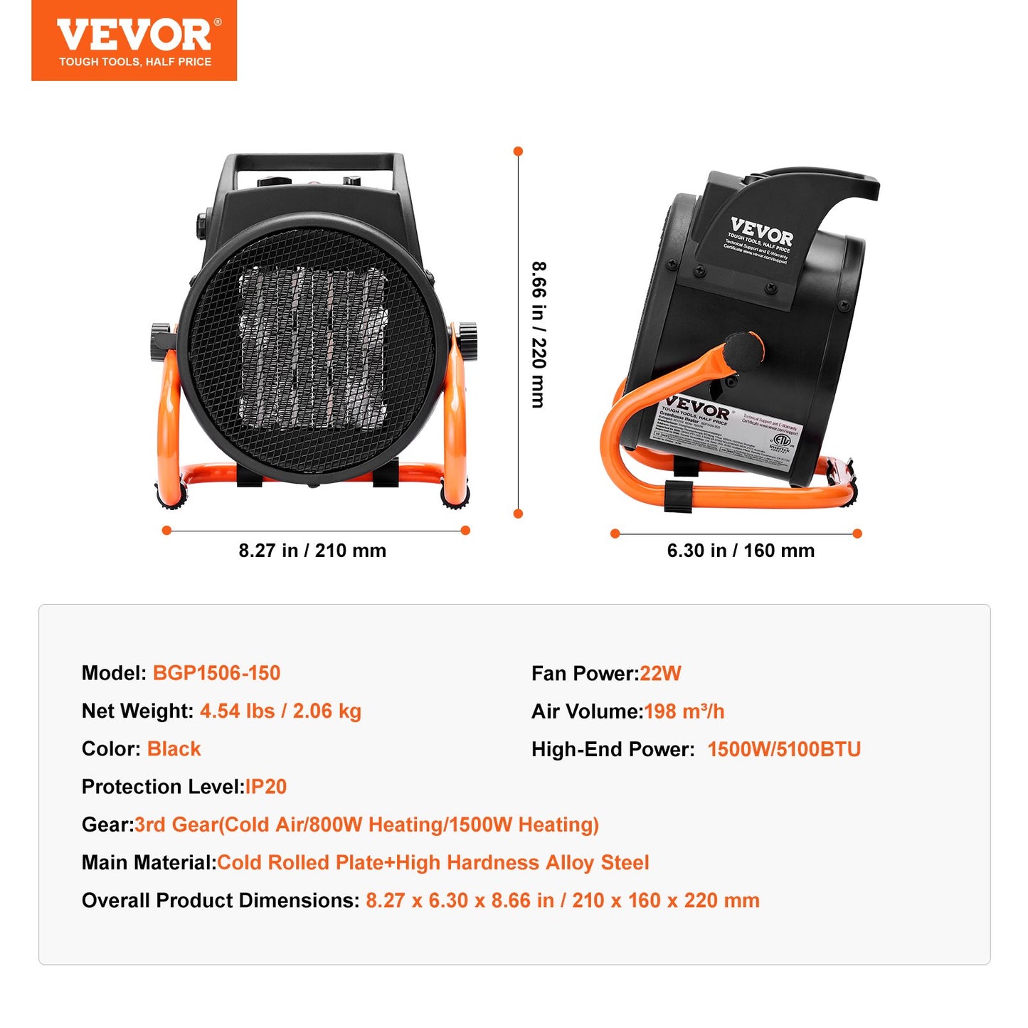 VEVOR Greenhouse Heater with Thermostat, 1500W PTC Fast Heating with Overheat Protection, 3-Speed Setting Small Grow Tent Heater, Electric Portable Heater Fan for Green House, Flower Room, Workplace