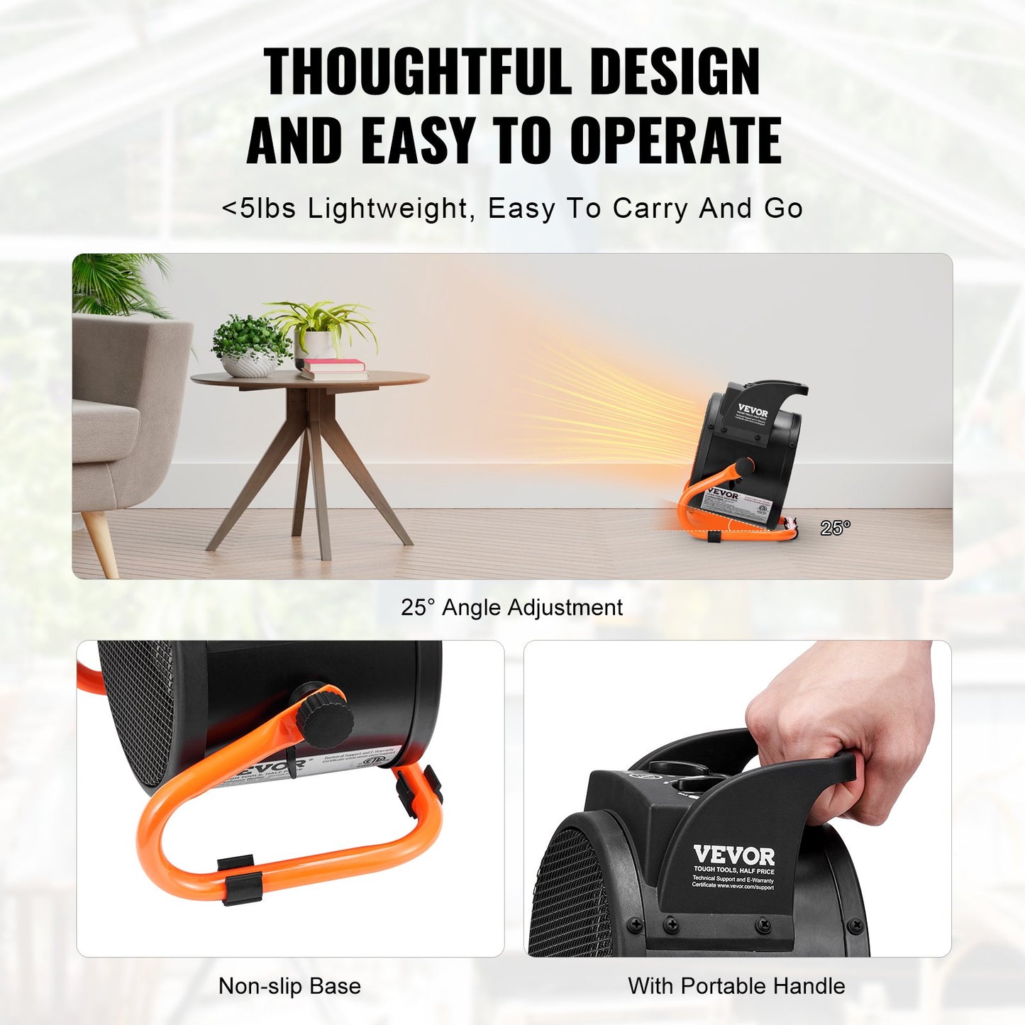 VEVOR Greenhouse Heater, 1500W PTC Fast Heating with Overheat Protection, 3-Speed Setting Small Grow Tent Heater, Electric Portable Heater Fan for Green House, Flower Room, Workplace