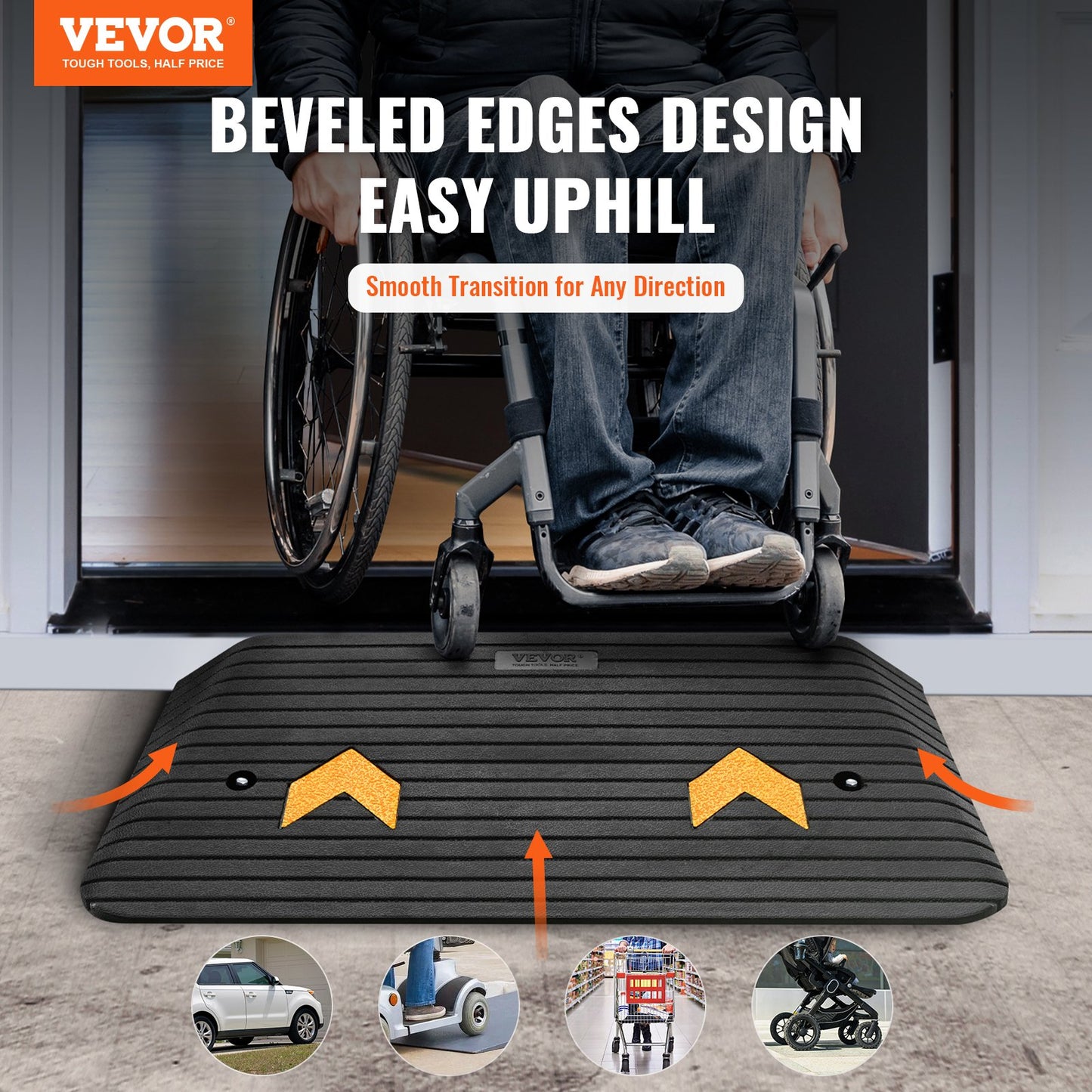 VEVOR Upgraded Rubber Threshold Ramp, 3 Rise Door Ramp with 1 Channel, Natural Rubber Car Ramp with Non-Slip Textured Surface, 33069 lbs Load Capacity Curb Ramp for Wheelchair and Scooter
