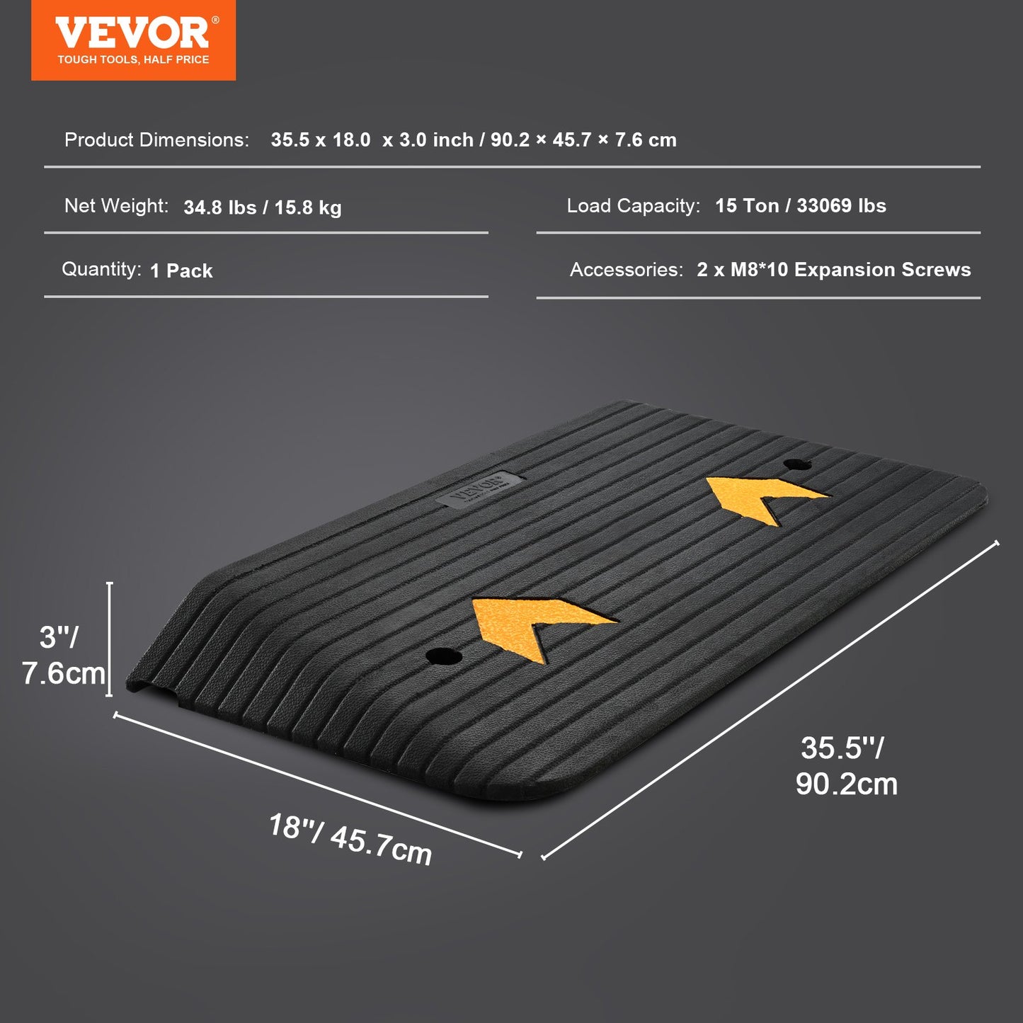 VEVOR Upgraded Rubber Threshold Ramp, 3 Rise Door Ramp with 1 Channel, Natural Rubber Car Ramp with Non-Slip Textured Surface, 33069 lbs Load Capacity Curb Ramp for Wheelchair and Scooter