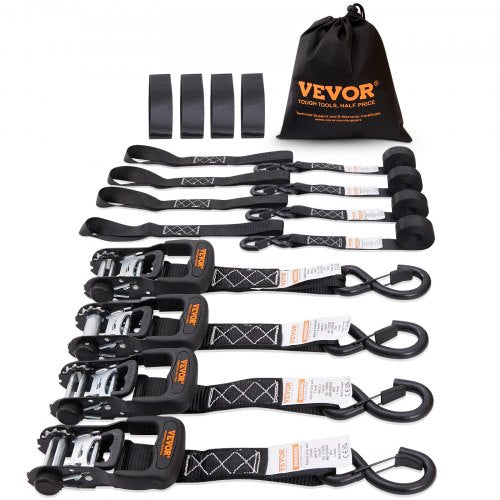 Ratchet Tie Down Straps (4PK), 5208 lb Max Break Strength, Includes 4 Premium 1.6' x 8' Rachet Tie Downs with Padded Handles, for Moving Securing Cargo, Appliances, Lawn Equipment, Motorcycle