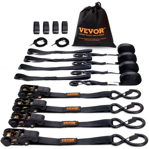 Ratchet Tie Down Straps (4PK), 2200 lb Max Break Strength, Includes 4 Premium 1' x 15' Rachet Tie Downs with Padded Handles, for Moving Securing Cargo, Appliances, Lawn Equipment, Motorcycle