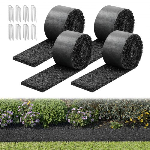Rubber Mulch Mat Roll, 4 Rolls 120 x 4.5 in, Recycled Rubber Permanent Mulch Edging Border, Natural-Looking Flower Barrier with Stakes, 0.5 in Thick Cuttable Garden Edgings for Landscaping