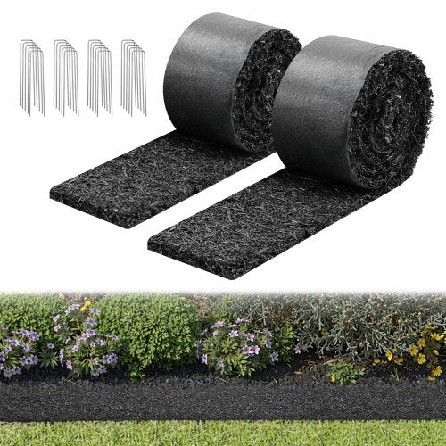 Rubber Mulch Mat Roll, 2 Rolls 120 x 4.5 in, Recycled Rubber Permanent Mulch Edging Border, Natural-Looking Flower Barrier with Stakes, 0.5 in Thick Cuttable Garden Edgings for Landscaping