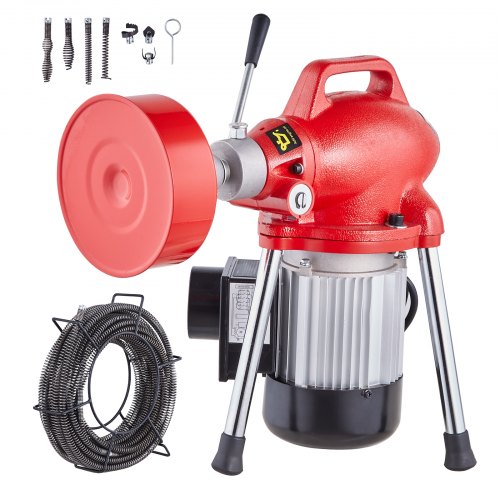 Drain Cleaner Machine 66FT x 5/8 Inch, 250W Electric Sewer Snake Auger Manual Feed - with 2 Sectional Steel Cables (66' x 5/8' and 15' x 3/8'), 7 Cutters and CW/CCW Control for 1.6' to 4' Pipes
