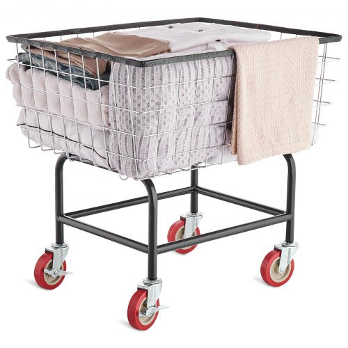 Wire Laundry Cart, 2.8Bushel Wire Laundry Basket with Wheels, 26.7''x21.7''x26.4'' Commercial Wire Laundry Basket Cart, Steel Frame with Chrome Finish, 4' Casters, Wire Basket Cart for Laundry
