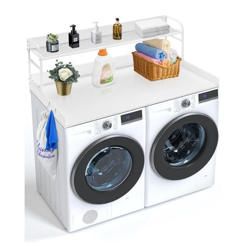 Washer Dryer Countertop with 2-Tier Shelf, 54' x 27' Wooden Washer and Dryer Countertop with Anti-Slip Pads, Water-Resistant Laundry Topper Cover for Laundry Room Organization and Storage, White