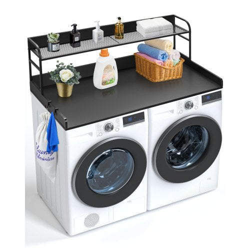 Washer Dryer Countertop with 2-Tier Shelf, 54' x 27' Wooden Washer and Dryer Countertop with Anti-Slip Pads, Water-Resistant Laundry Topper Cover for Laundry Room Organization and Storage, Black