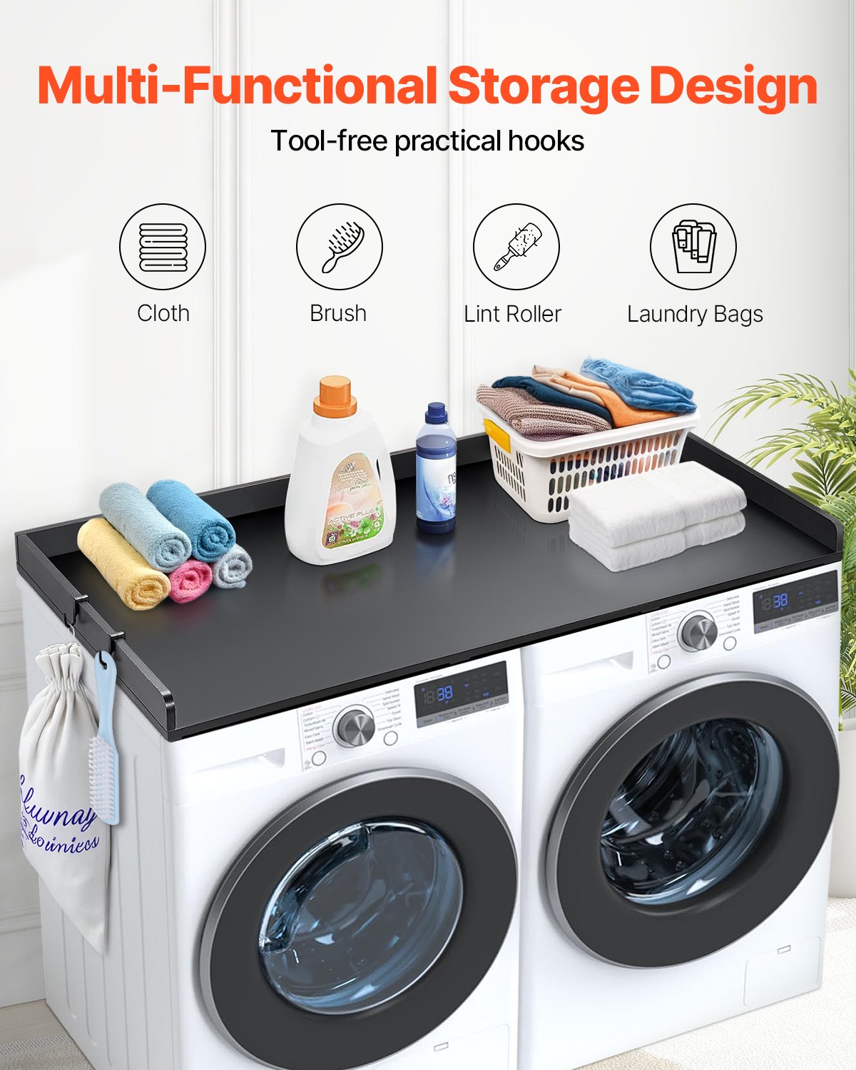 Washer Dryer Countertop, 27.5 Depth x 54 Width, Washer Dryer Wood Top for Laundry Room Organization with Edge Rails(Black)