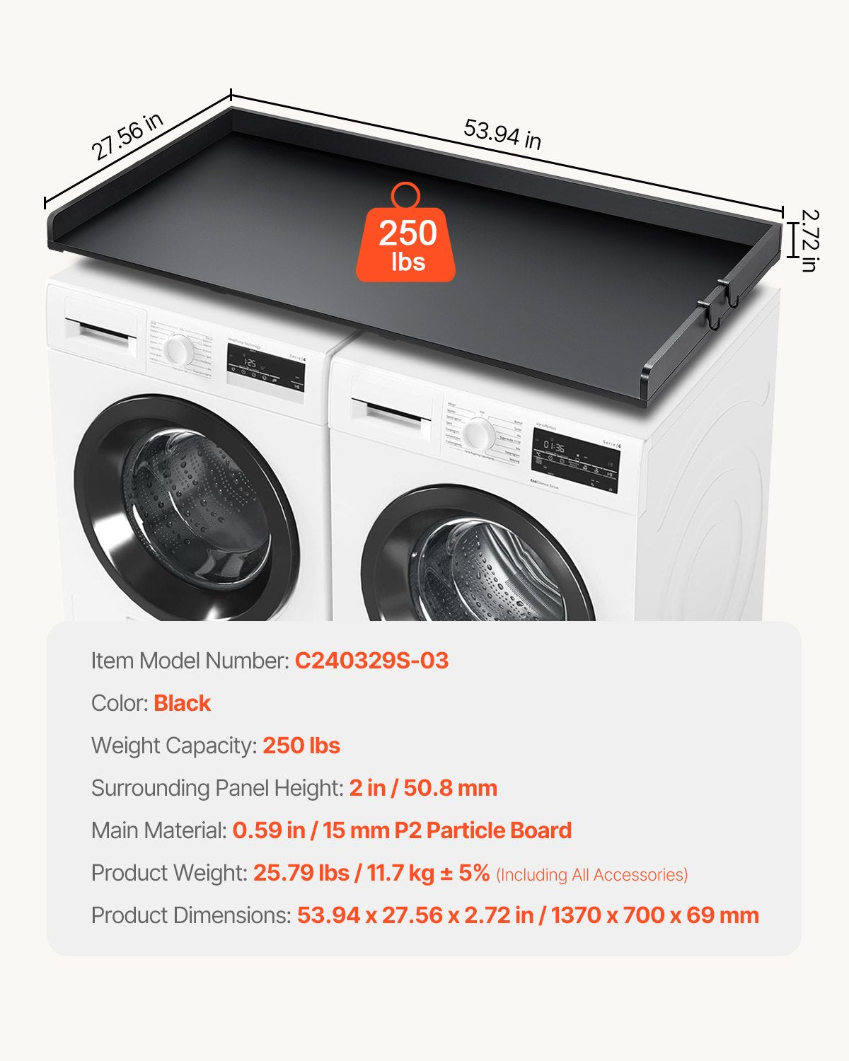 Washer Dryer Countertop, 27.5 Depth x 54 Width, Washer Dryer Wood Top for Laundry Room Organization with Edge Rails(Black)