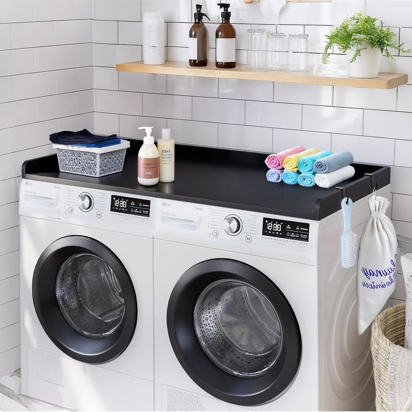 Washer Dryer Countertop, 27.5 Depth x 54 Width, Washer Dryer Wood Top for Laundry Room Organization with Edge Rails(Black)