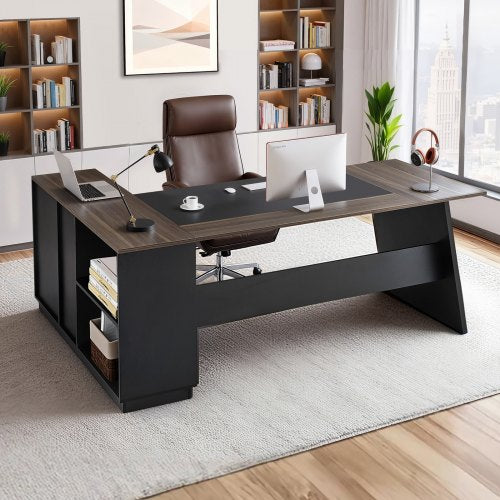 L-Shaped Executive Desk, Large Modern Office Table with Drawers and Storage Cabinet, Heavy Duty Wooden Executive Table, 350 LBS Load Capacity, Easy Assembly, for Work Study Writing, Brown+Black