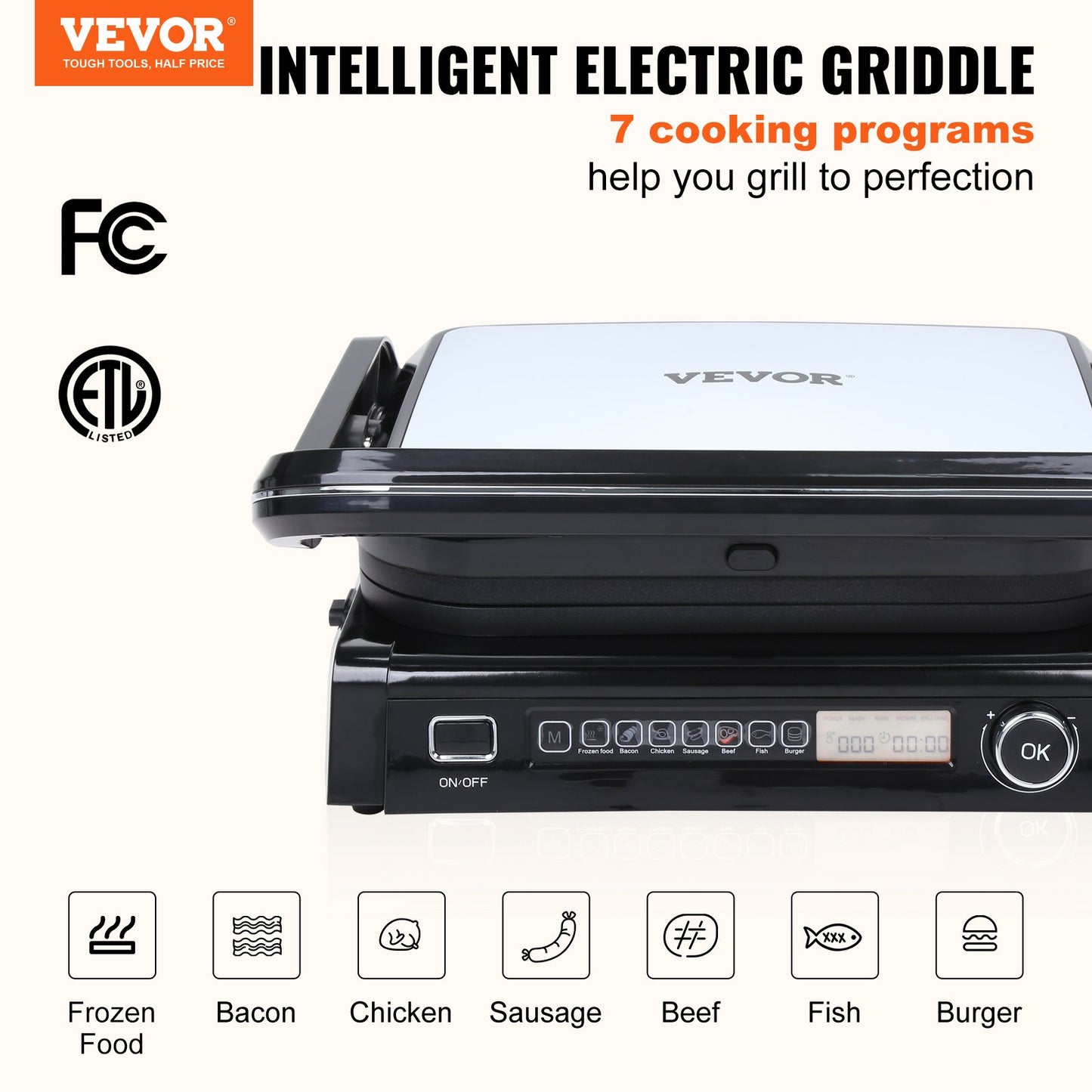 VEVOR 7 IN 1 Commercial Electric Griddle, 14.4 1800W Indoor Countertop Grill, Stainless Steel Restaurant Teppanyaki Grill with Non Stick Iron Cooking Plate, 0-446¨H Adjustable Temp Control 110V