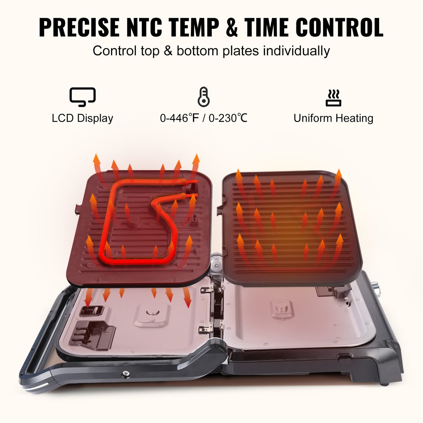 VEVOR 7 IN 1 Commercial Electric Griddle, 14.4 1800W Indoor Countertop Grill, Stainless Steel Restaurant Teppanyaki Grill with Non Stick Iron Cooking Plate, 0-446¨H Adjustable Temp Control 110V