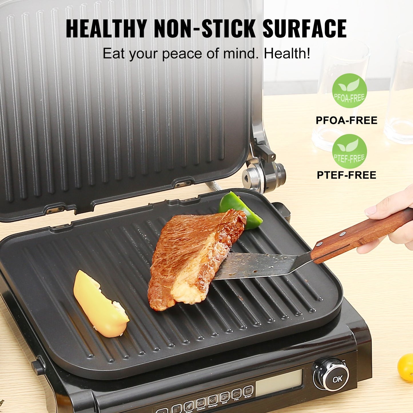 VEVOR 7 IN 1 Commercial Electric Griddle, 14.4 1800W Indoor Countertop Grill, Stainless Steel Restaurant Teppanyaki Grill with Non Stick Iron Cooking Plate, 0-446¨H Adjustable Temp Control 110V