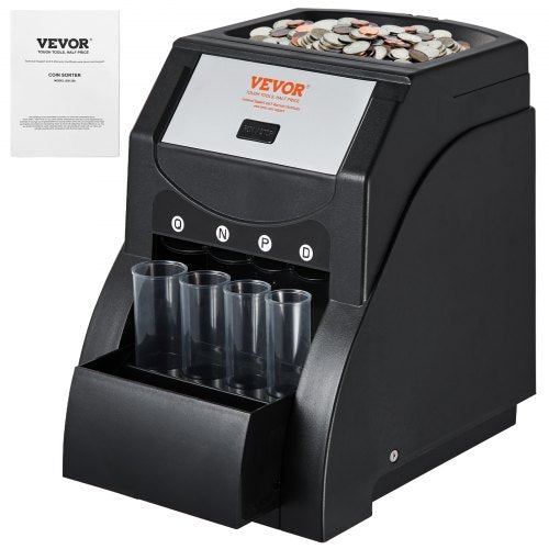VEVOR USD Coin Sorter, Coin Sorter Machine for USD Coin 1¡é 5¡é 10¡é 25¡é, Sorts up to 230 Coins/min, Coin Sorter and Wrapper Machine Holds 200 Coins Included 4 Coin Tubes, Black