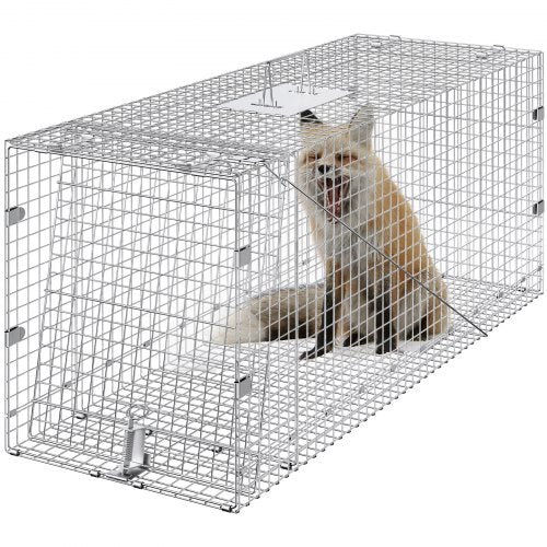 VEVOR Live Animal Cage Trap, 50 x 20 x 26 Humane Cat Trap Galvanized Iron, Folding Animal Trap with Handle for Stray Dogs, Armadillos, Raccoons, Marmots, Foxes